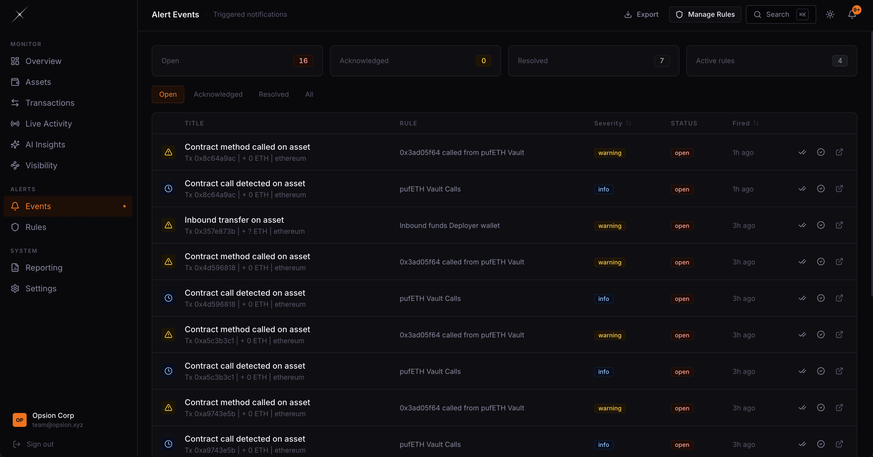 Opsion real-time crypto transaction monitoring dashboard